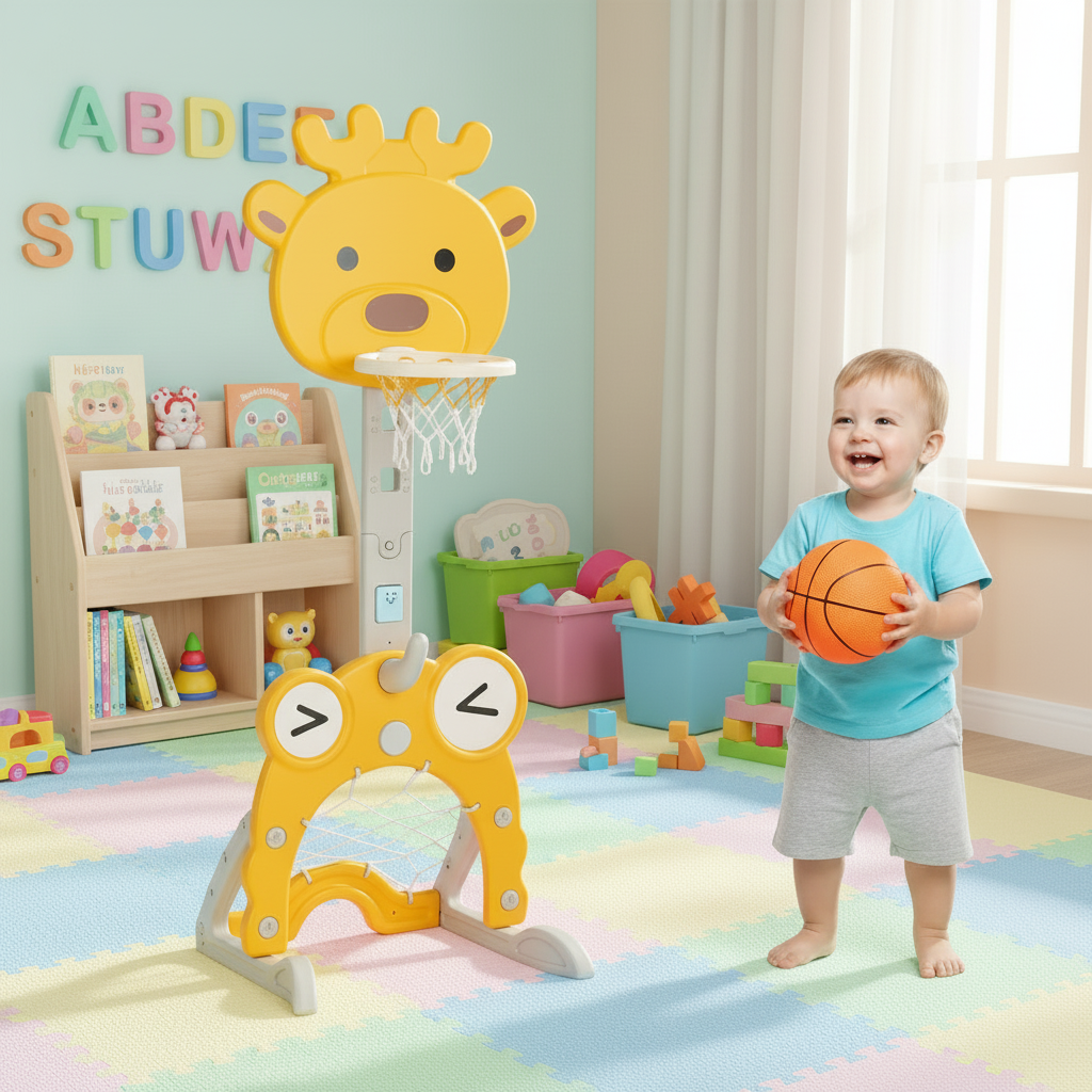 Keezi Kids Basketball Hoop Stand Adjustable 5-in-1 Sports Center Toys Set Yellow