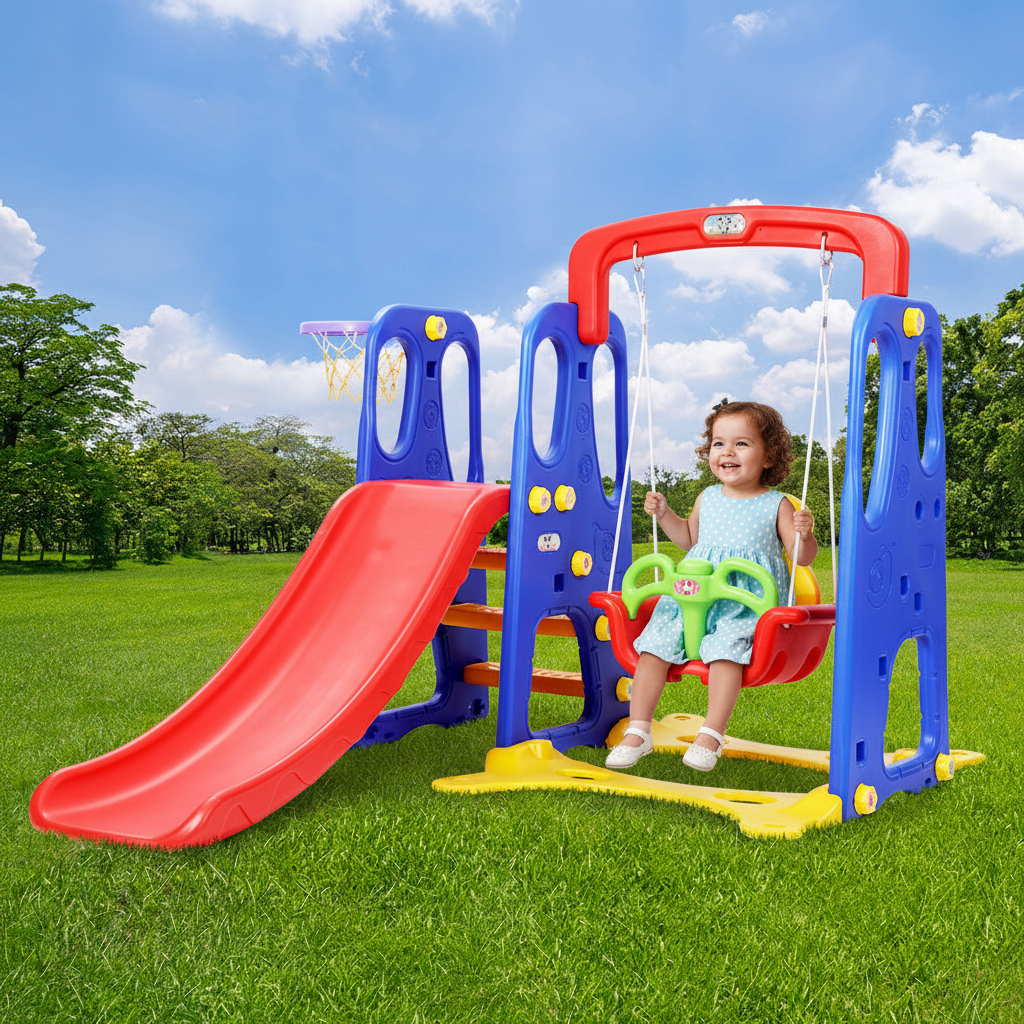 Keezi Kids 3-in-1 Slide Swing with Basketball Hoop Toddler Outdoor Indoor Play