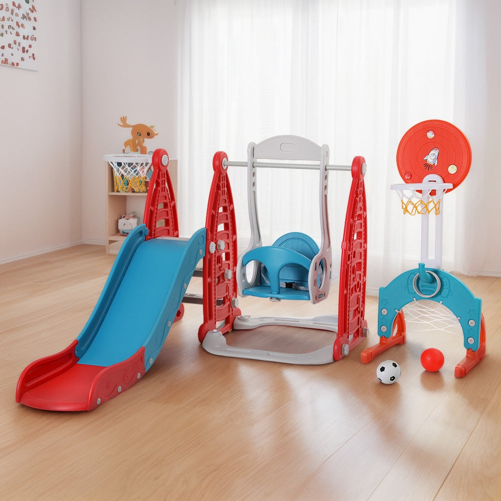 Children's playset with slide, swing, and basketball hoop on a wooden floor.