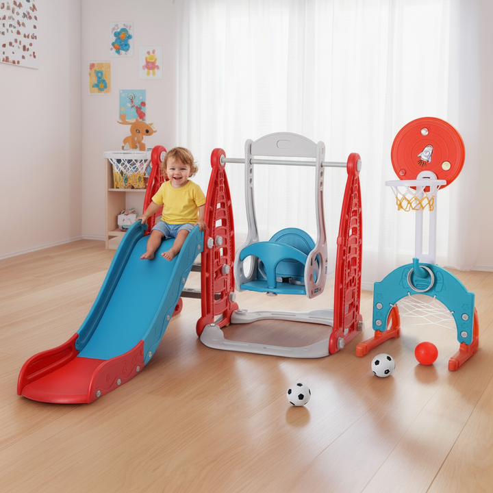 Keezi Kids Slide Swing Set Basketball Hoop Rings Football Outdoor Toys 140cm Red