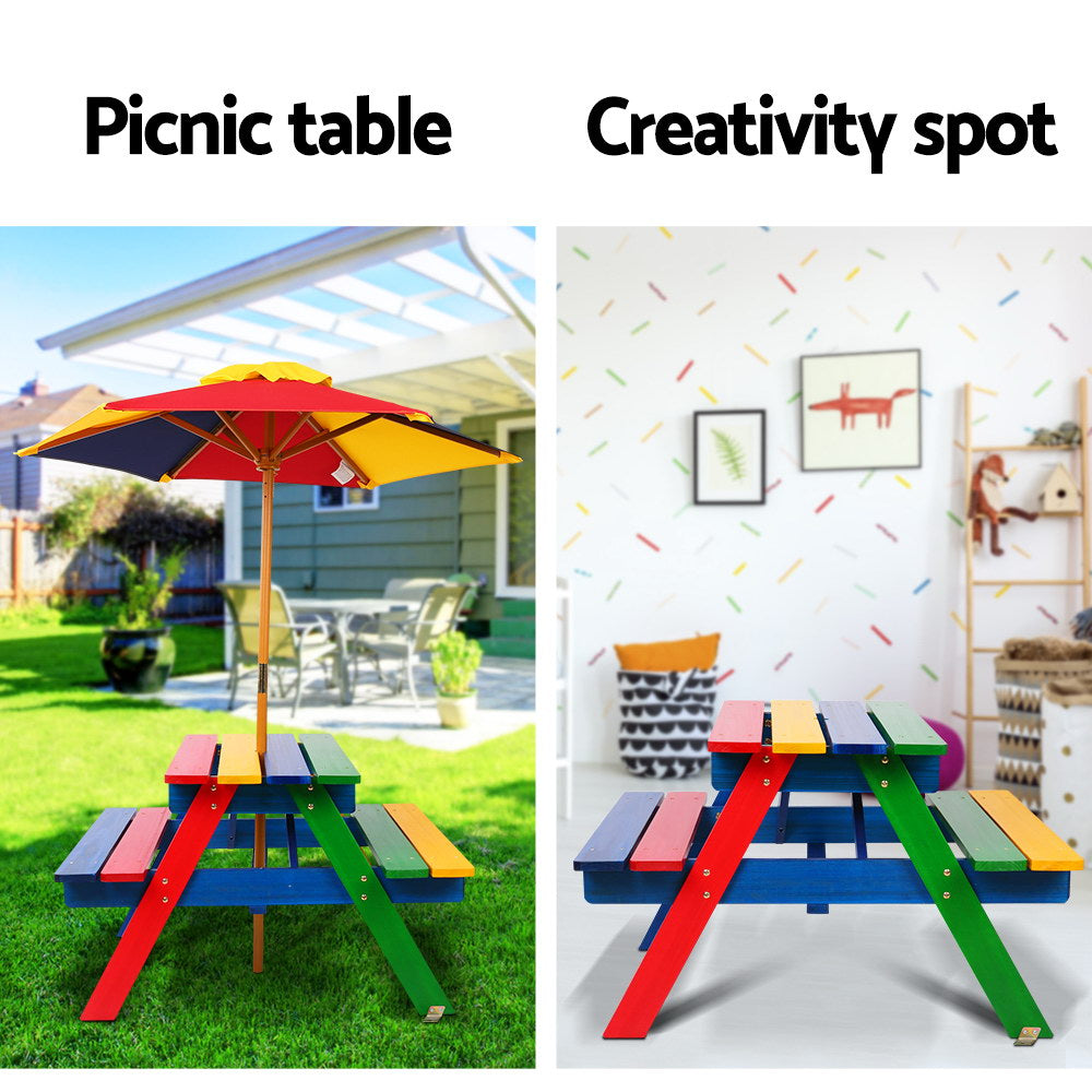 Colorful picnic table with umbrella in outdoor setting and indoor setup with colorful wall and furniture.