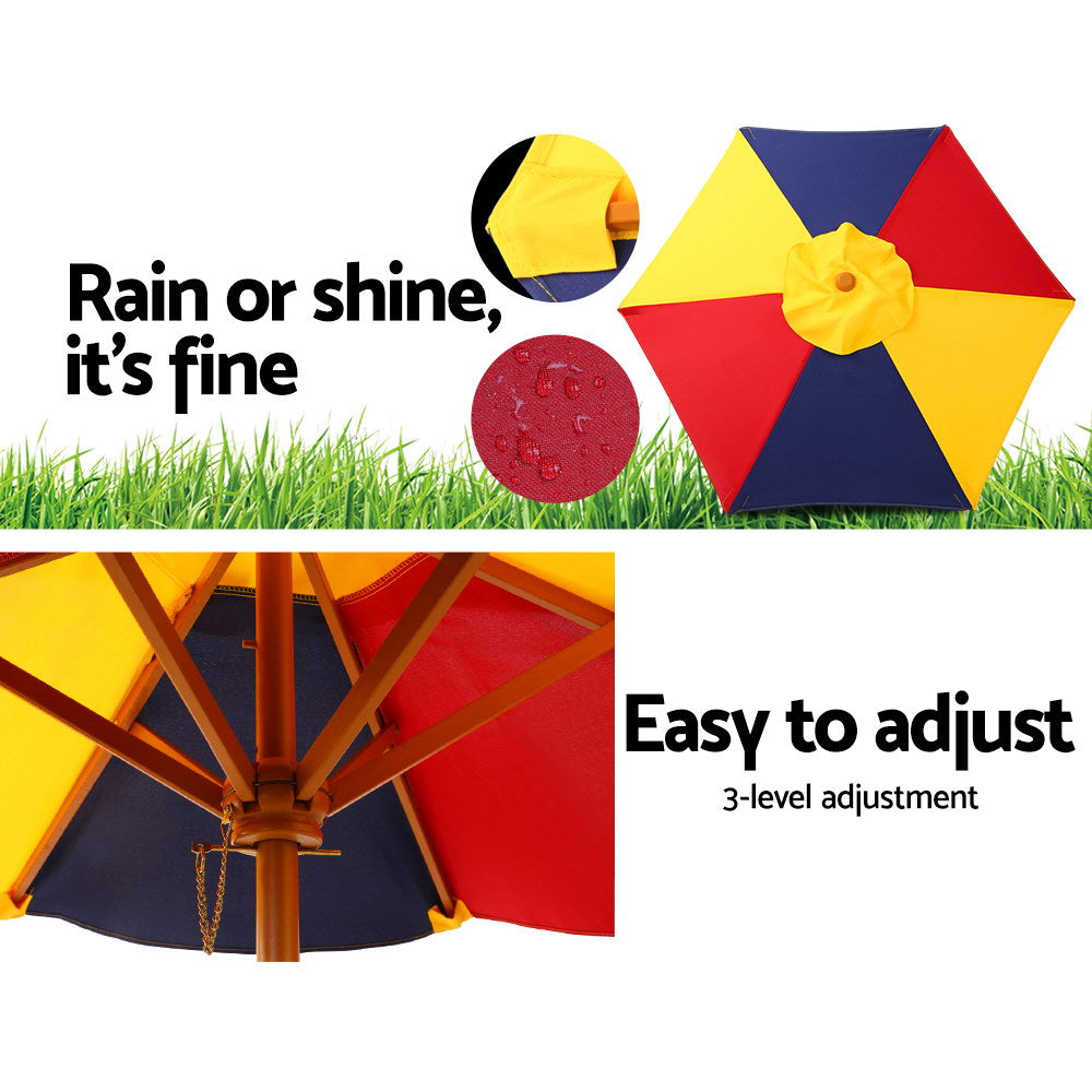 Colorful umbrella with grass background and text 'Rain or shine, it's fine' and 'Easy to adjust 3-level adjustment'.