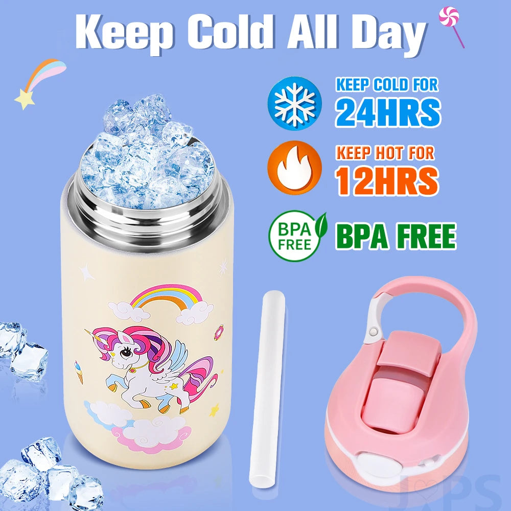 400ML Kids Cartoon Animal Thermos – Stainless Steel Water Bottle with Straw