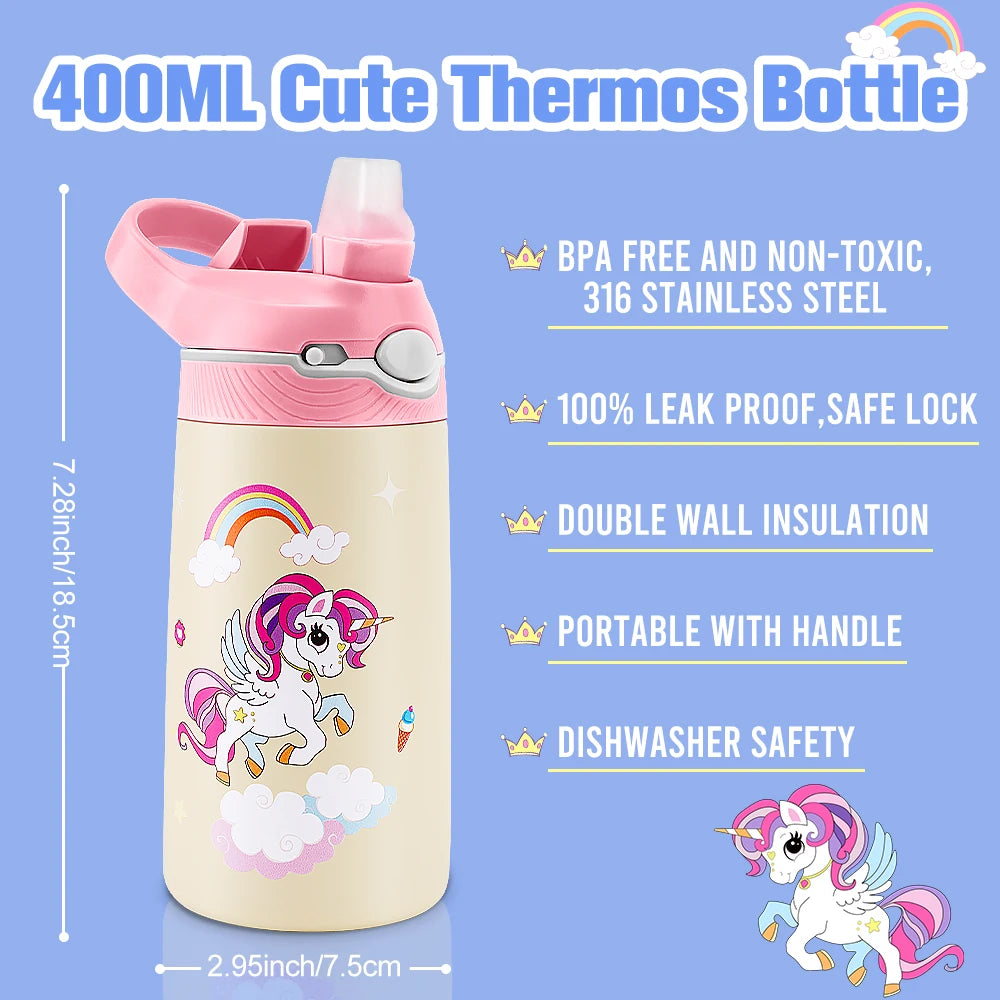 400ML Kids Cartoon Animal Thermos – Stainless Steel Water Bottle with Straw