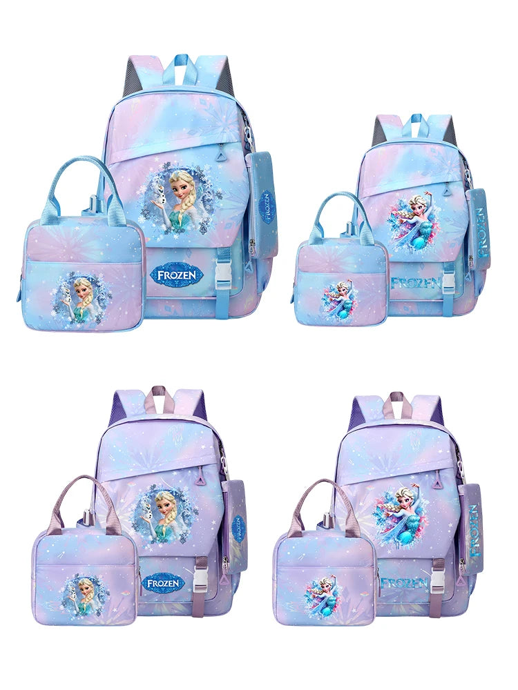 Set of Frozen-themed backpacks and lunch bags on a white background