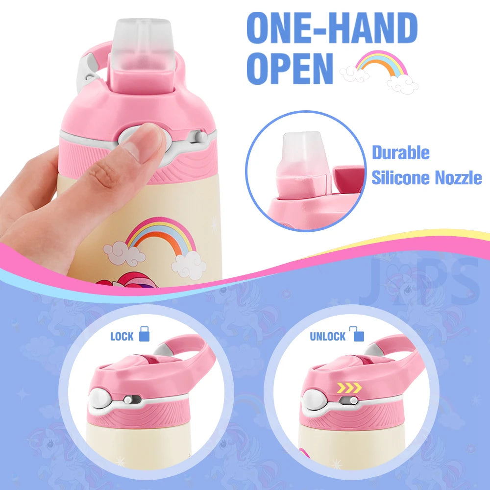 400ML Kids Cartoon Animal Thermos – Stainless Steel Water Bottle with Straw