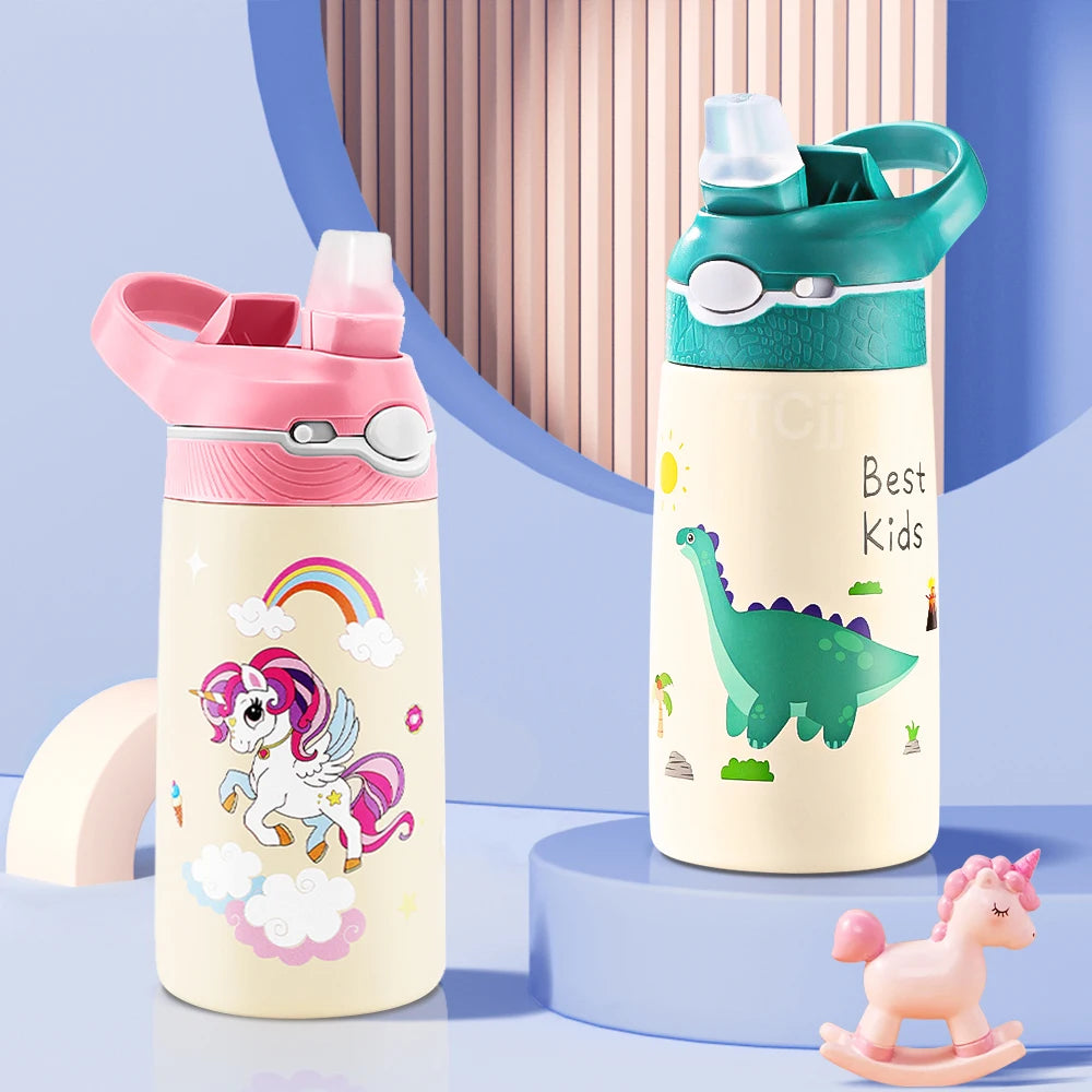 400ML Kids Cartoon Animal Thermos – Stainless Steel Water Bottle with Straw