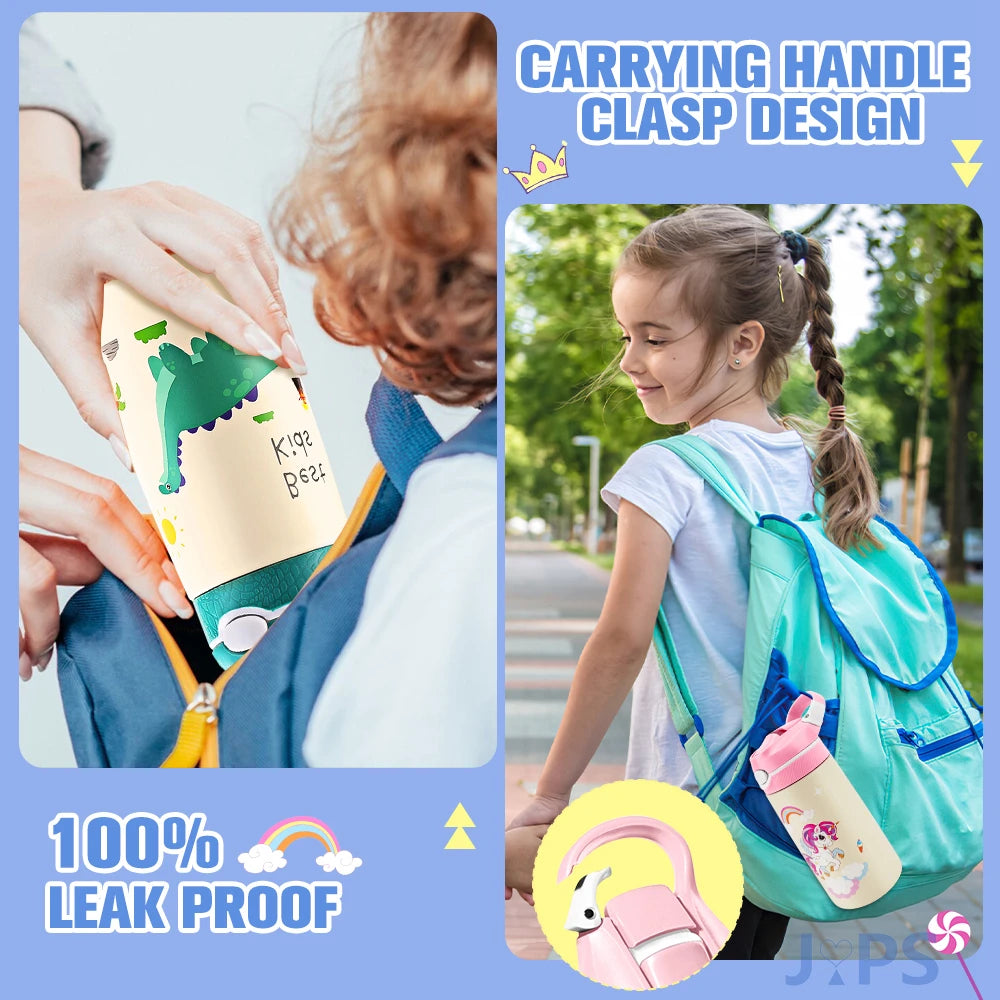 400ML Kids Cartoon Animal Thermos – Stainless Steel Water Bottle with Straw