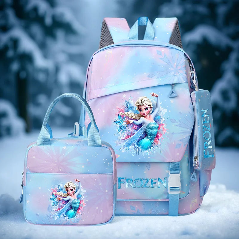 Frozen-themed backpack and lunch bag set with Elsa on a snowy background