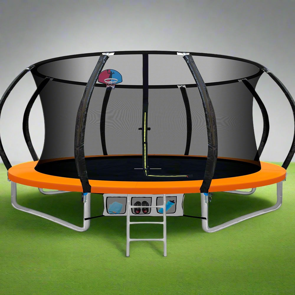 Everfit Trampoline for Kids 14ft Rebounder with Ladder Basketball Hoop Orange