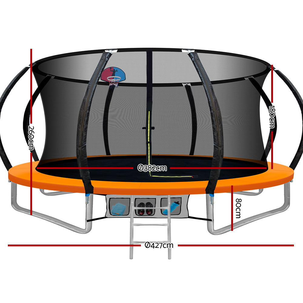 Everfit Trampoline for Kids 14ft Rebounder with Ladder Basketball Hoop Orange