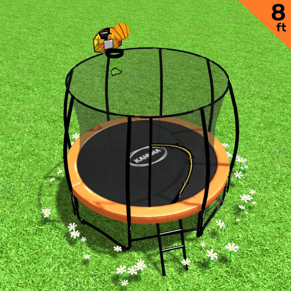 Kahuna Trampoline for Kids 8FT Outdoor Orange and Children Suited for Fitness Exercise Gymnastics with Safety Enclosure Basketball Hoop Set