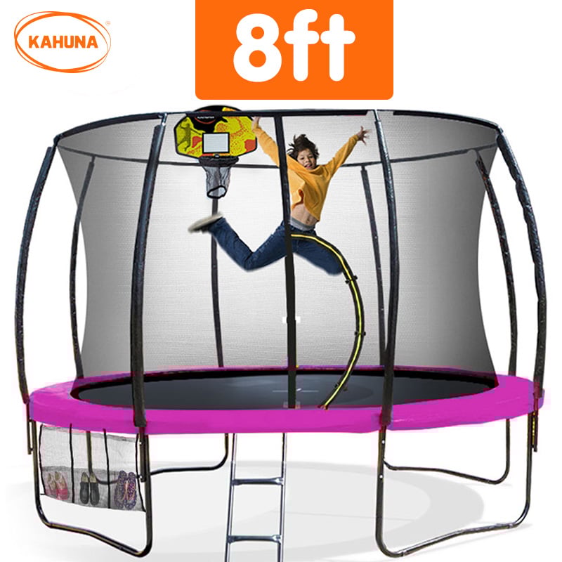 Kahuna Trampoline for Kids 8FT Outdoor Children with Safety Enclosure Mat Pad Net Ladder Basketball Hoop Set - Pink