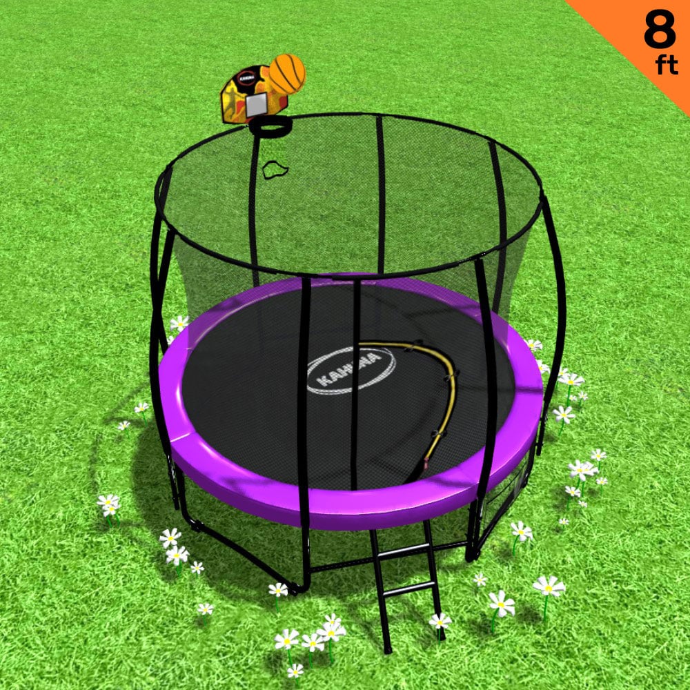 Kahuna Trampoline for Kids 8FT Outdoor Children with Safety Enclosure Mat Pad Net Ladder Basketball Hoop Set - Purple