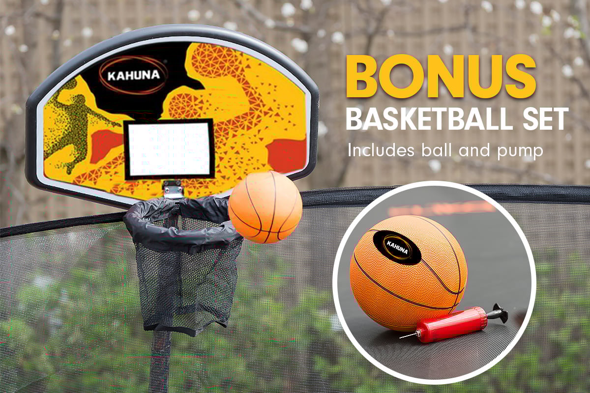 Kahuna Trampoline for Kids 8FT Outdoor Children with Safety Enclosure Mat Pad Net Ladder Basketball Hoop Set - Purple
