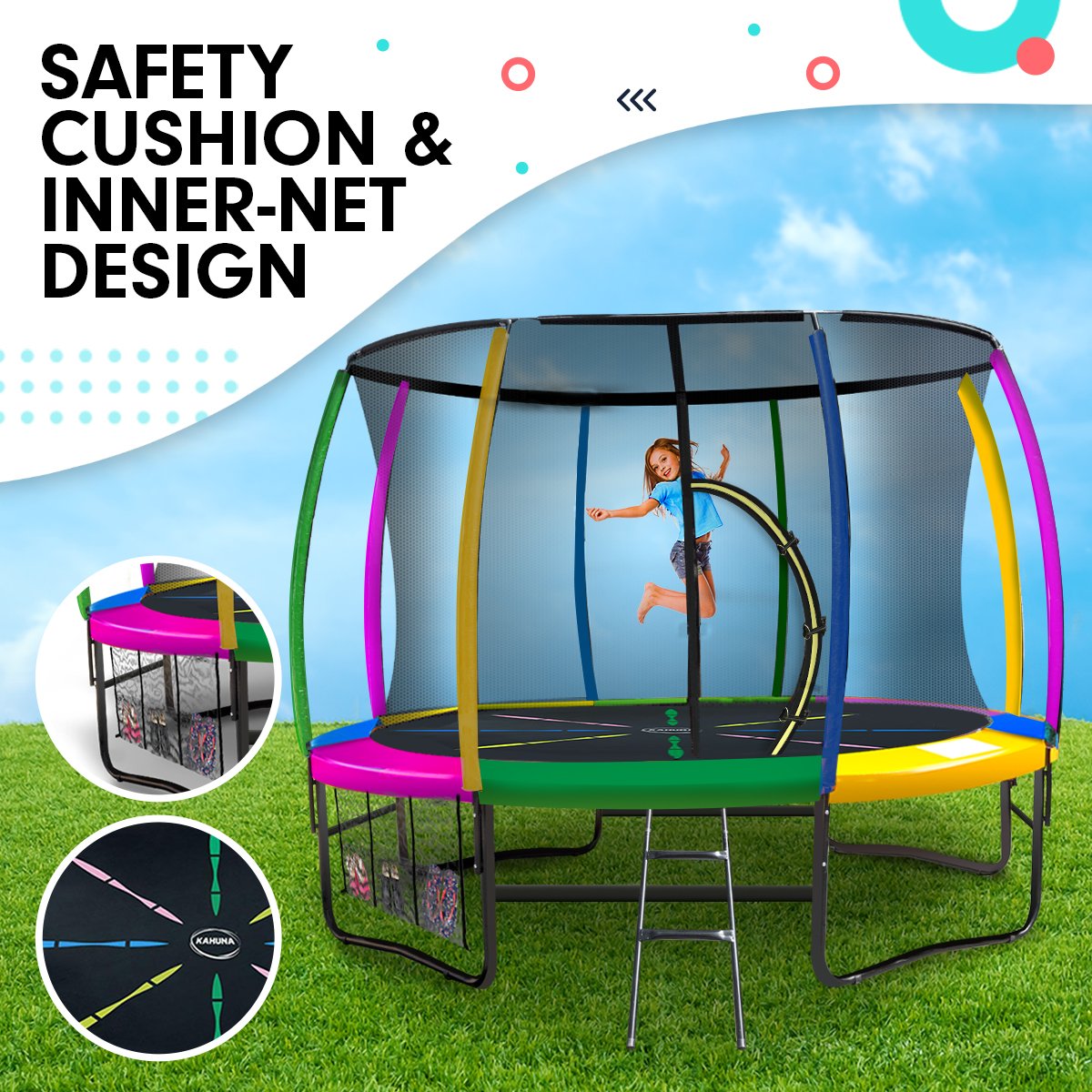 Kahuna Trampoline for Kids 8FT Outdoor Rainbow and Children Suited for Fitness Exercise Gymnastics with Safety Enclosure