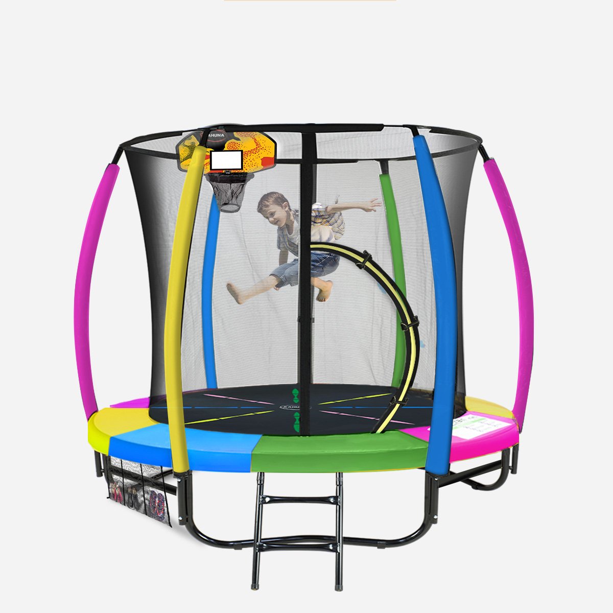 Kahuna Trampoline for Kids 8FT Outdoor Children with Safety Enclosure Mat Pad Net Ladder Basketball Hoop Set - Rainbow