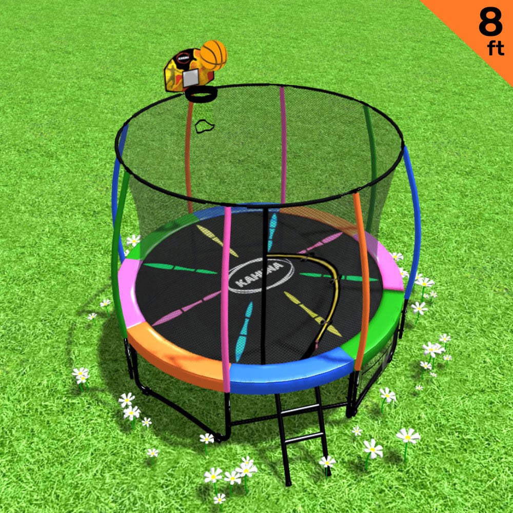 Kahuna Trampoline for Kids 8FT Outdoor Children with Safety Enclosure Mat Pad Net Ladder Basketball Hoop Set - Rainbow