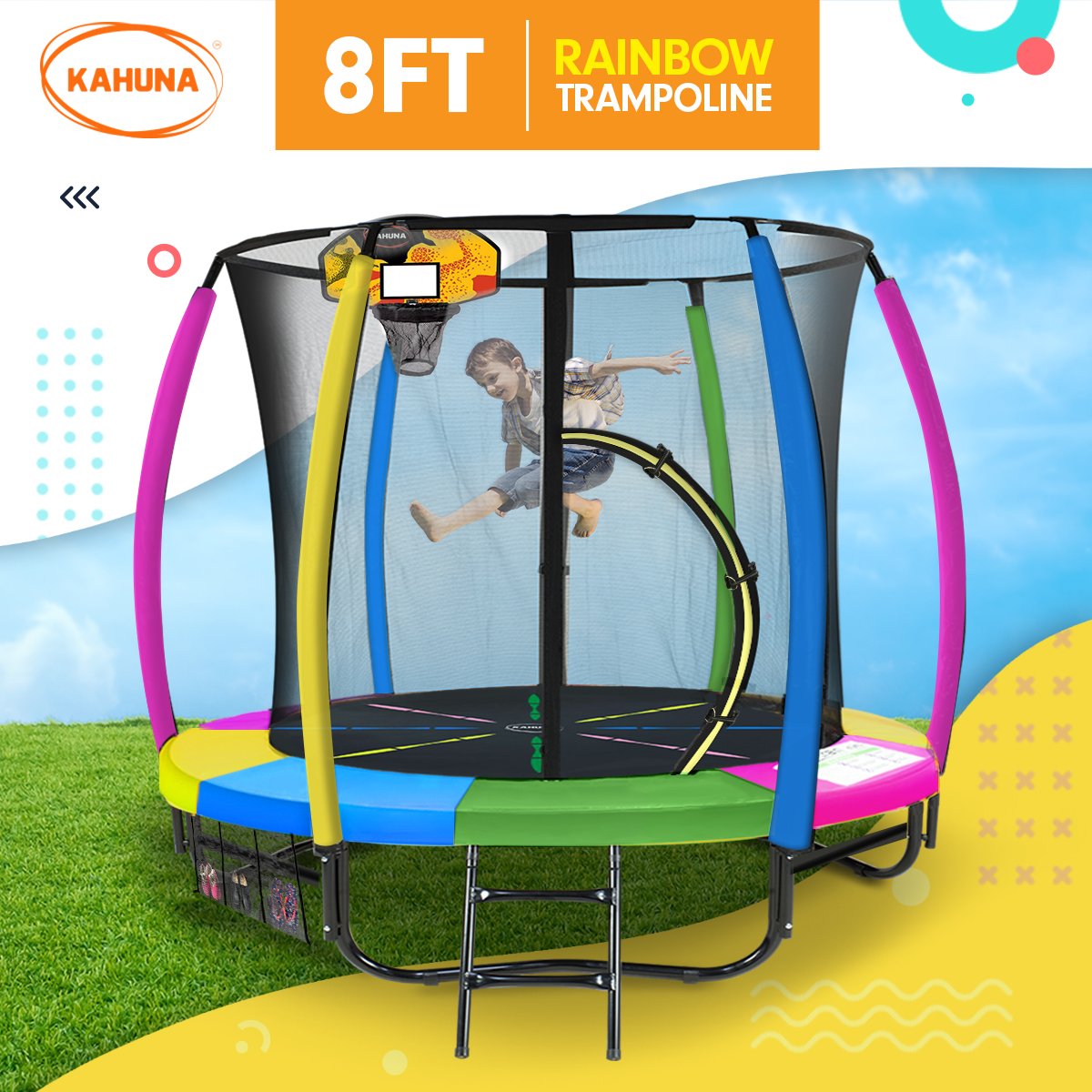 Kahuna Trampoline for Kids 8FT Outdoor Children with Safety Enclosure Mat Pad Net Ladder Basketball Hoop Set - Rainbow