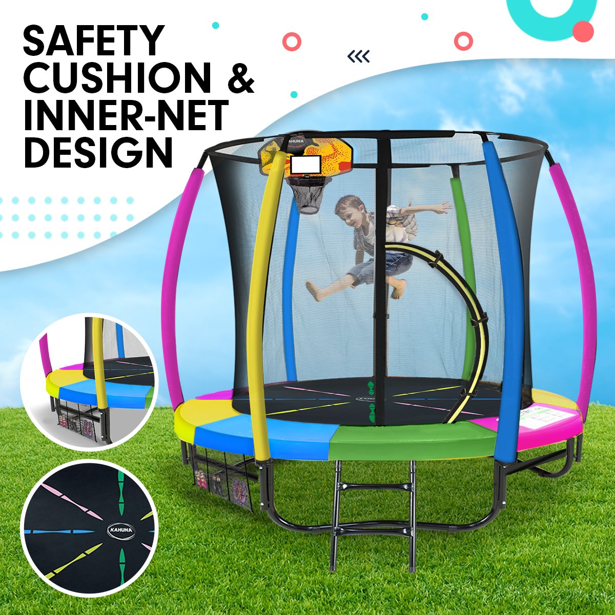 Kahuna Trampoline for Kids 8FT Outdoor Children with Safety Enclosure Mat Pad Net Ladder Basketball Hoop Set - Rainbow