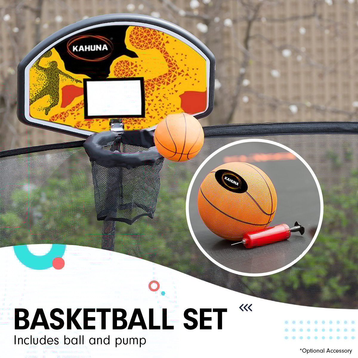 Kahuna Trampoline for Kids 8FT Outdoor Children with Safety Enclosure Mat Pad Net Ladder Basketball Hoop Set - Rainbow