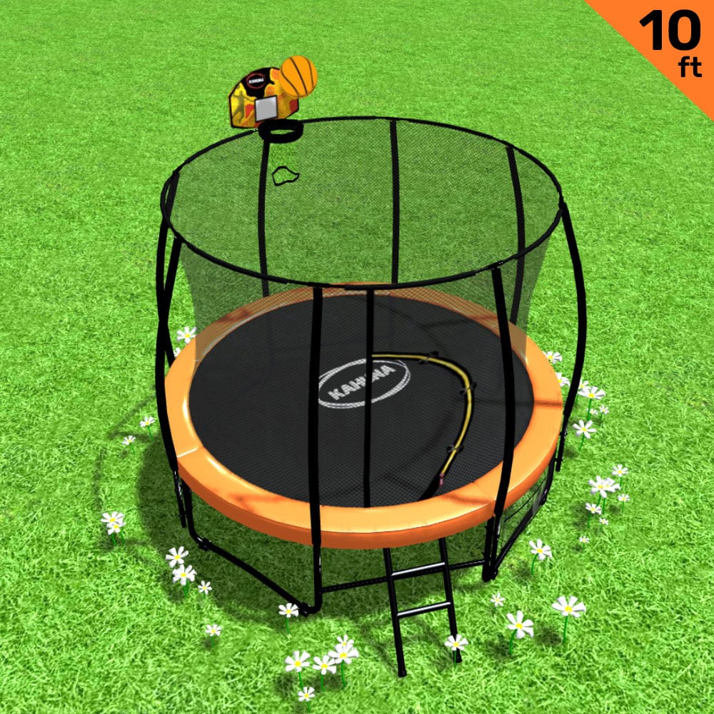 Kahuna Trampoline for Kids 10FT Outdoor Children with Safety Enclosure Mat Pad Net Ladder Basketball Hoop Set - Orange