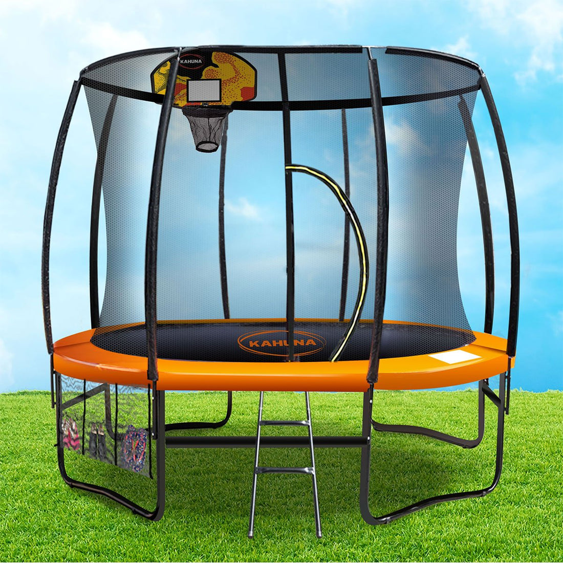 Kahuna Trampoline for Kids 10FT Outdoor Children with Safety Enclosure Mat Pad Net Ladder Basketball Hoop Set - Orange