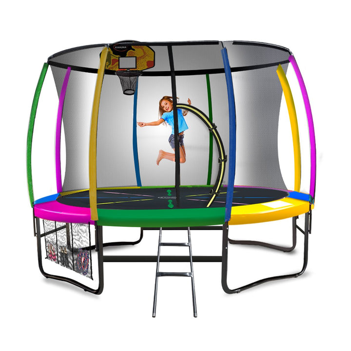 Kahuna Trampoline for Kids 10FT Outdoor Children with Safety Enclosure Pad Mat Ladder Basketball Hoop Set - Rainbow