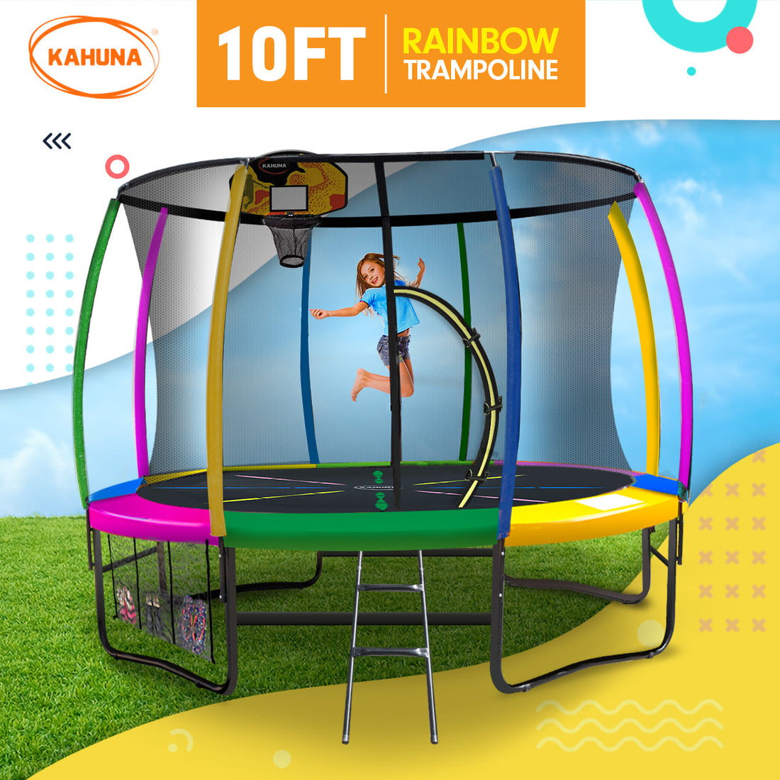 Kahuna Trampoline for Kids 10FT Outdoor Children with Safety Enclosure Pad Mat Ladder Basketball Hoop Set - Rainbow
