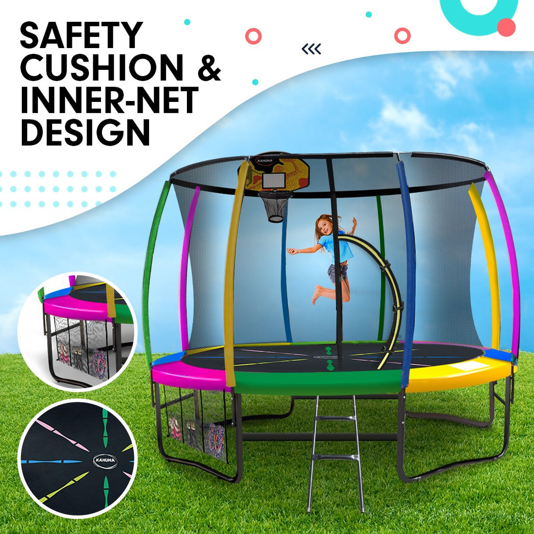 Kahuna Trampoline for Kids 10FT Outdoor Children with Safety Enclosure Pad Mat Ladder Basketball Hoop Set - Rainbow