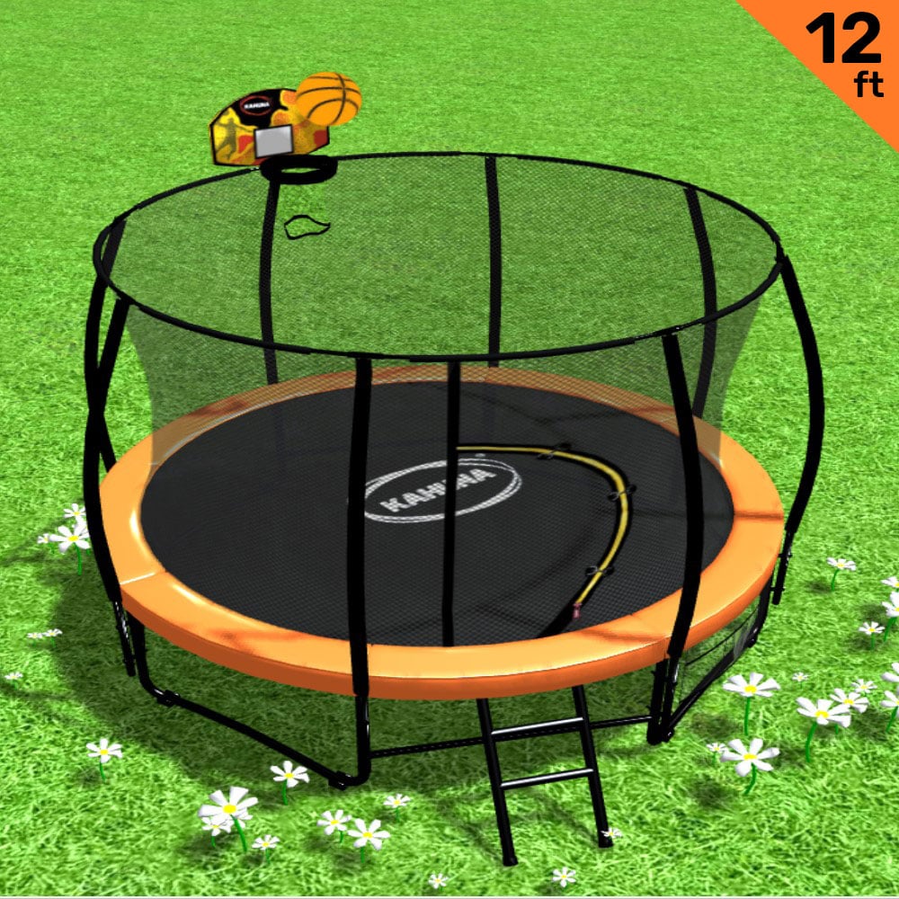 Kahuna Trampoline for Kids 12FT Outdoor Children with Safety Enclosure Pad Mat Ladder Basketball Hoop Set - Orange
