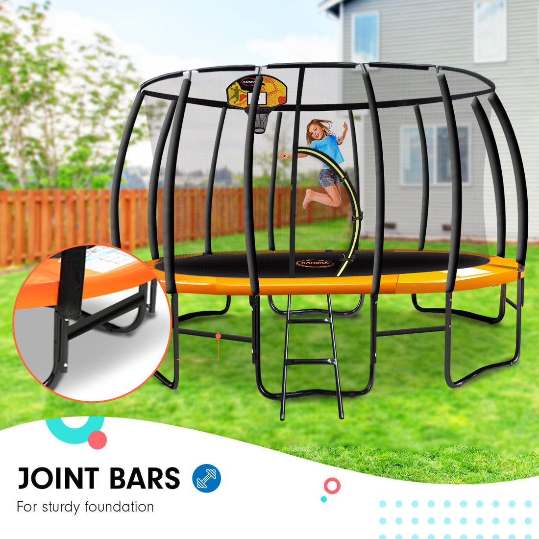Kahuna Trampoline for Kids 12FT Outdoor Children with Safety Enclosure Pad Mat Ladder Basketball Hoop Set - Orange