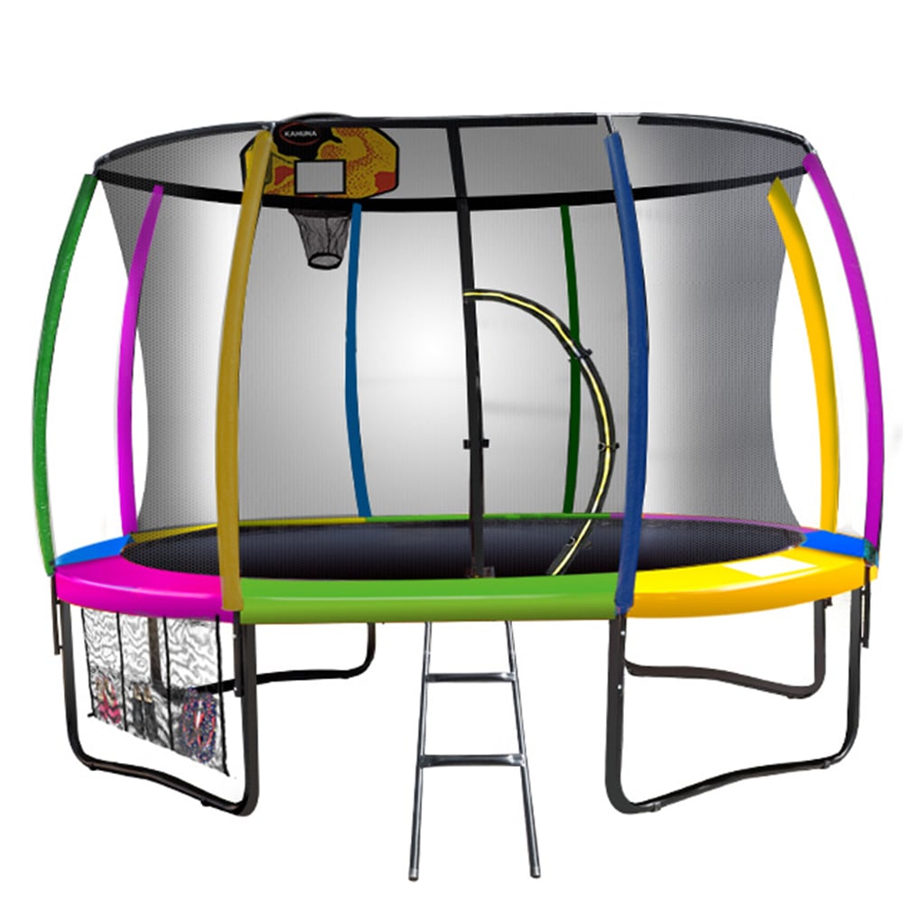 Kahuna Trampoline for Kids 12FT Outdoor Children with Safety Enclosure Pad Mat Ladder Basketball Hoop Set - Rainbow