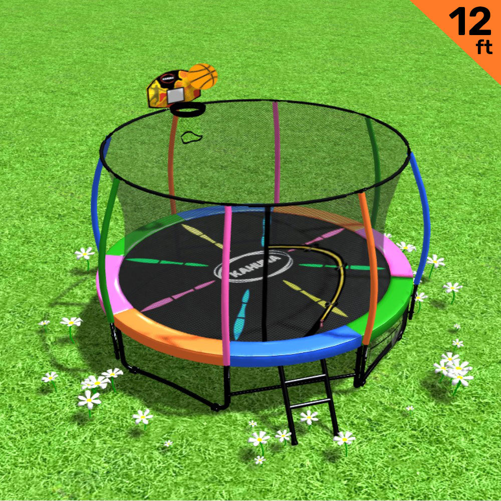 Kahuna Trampoline for Kids 12FT Outdoor Children with Safety Enclosure Pad Mat Ladder Basketball Hoop Set - Rainbow