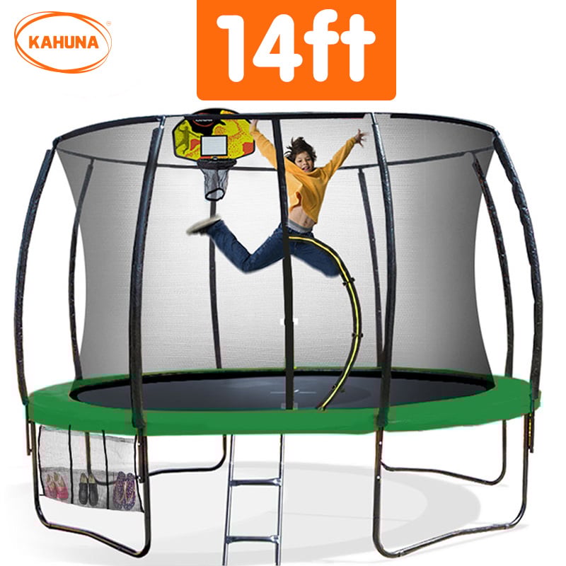 Kahuna Trampoline for Kids 14FT Outdoor Children with Safety Enclosure Pad Mat Ladder Basketball Hoop Set - Green