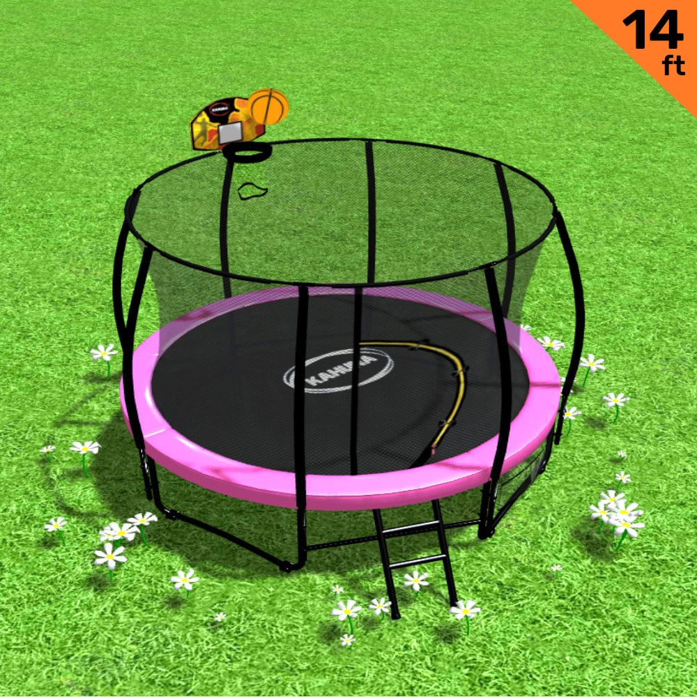 Kahuna Trampoline for Kids 14FT Outdoor Children with Safety Enclosure Pad Mat Ladder Basketball Hoop Set - Pink