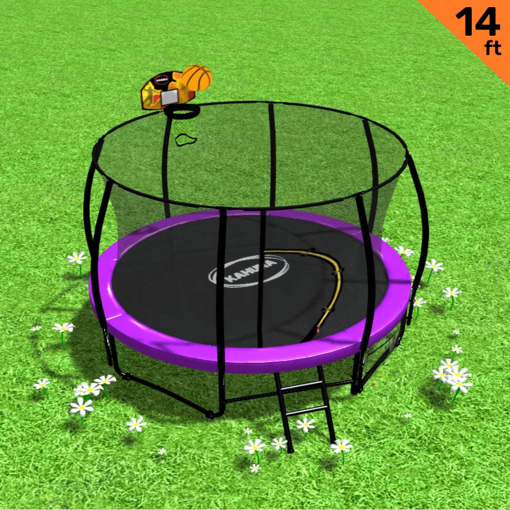 Kahuna Trampoline for Kids 14FT Outdoor Children with Safety Enclosure Pad Mat Ladder Basketball Hoop Set - Purple