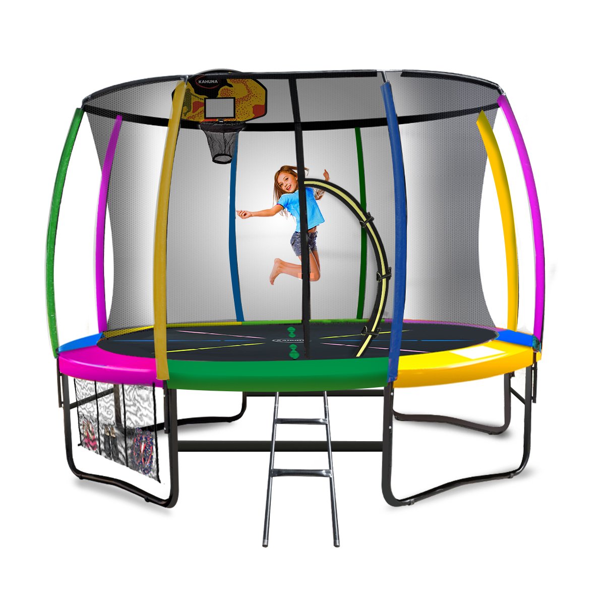 Kahuna Trampoline for Kids 14FT Outdoor Children with Safety Enclosure Pad Mat Ladder Basketball Hoop Set - Rainbow