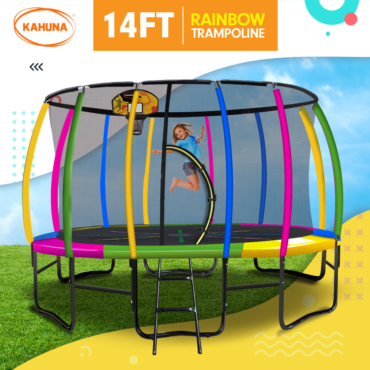 Kahuna Trampoline for Kids 14FT Outdoor Children with Safety Enclosure Pad Mat Ladder Basketball Hoop Set - Rainbow