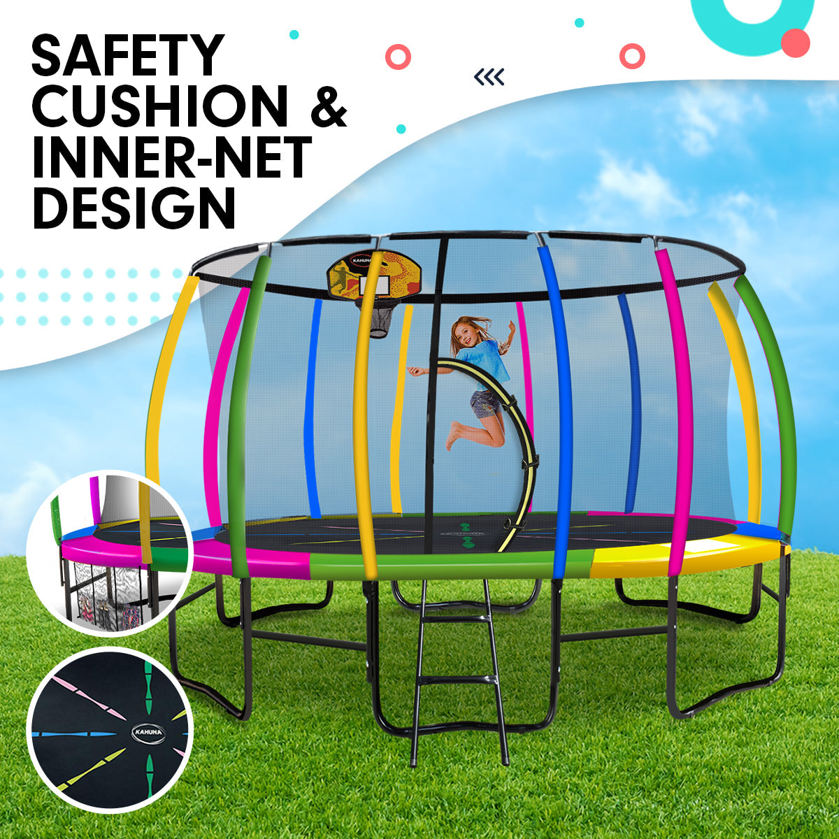 Kahuna Trampoline for Kids 14FT Outdoor Children with Safety Enclosure Pad Mat Ladder Basketball Hoop Set - Rainbow