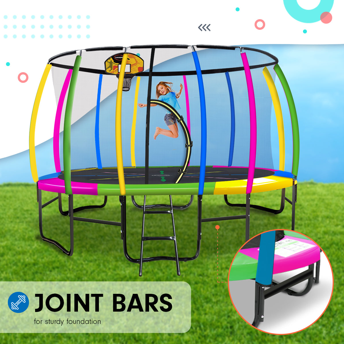 Kahuna Trampoline for Kids 14FT Outdoor Children with Safety Enclosure Pad Mat Ladder Basketball Hoop Set - Rainbow