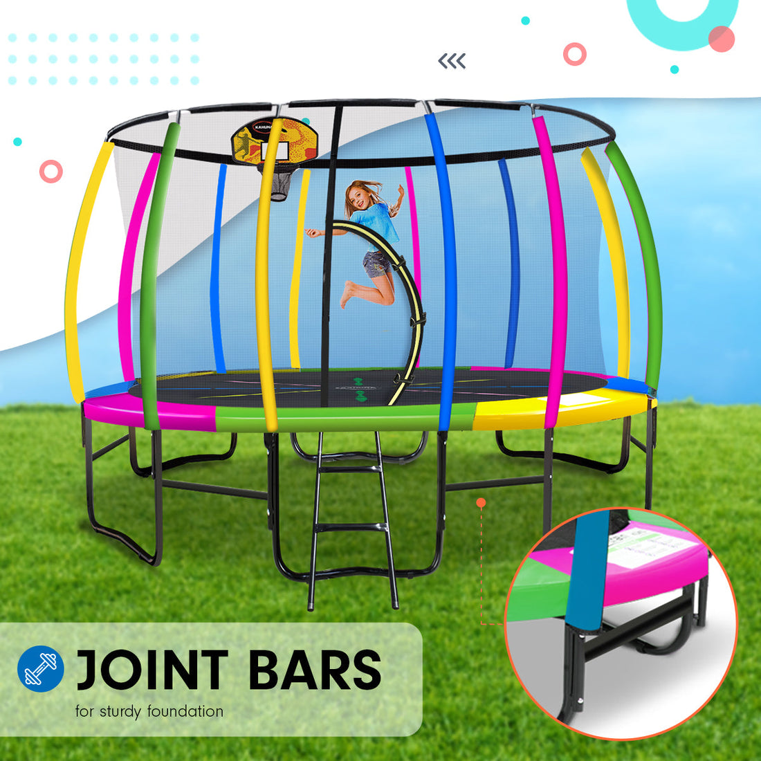 Kahuna Trampoline for Kids 14FT Outdoor Children with Safety Enclosure Pad Mat Ladder Basketball Hoop Set - Rainbow