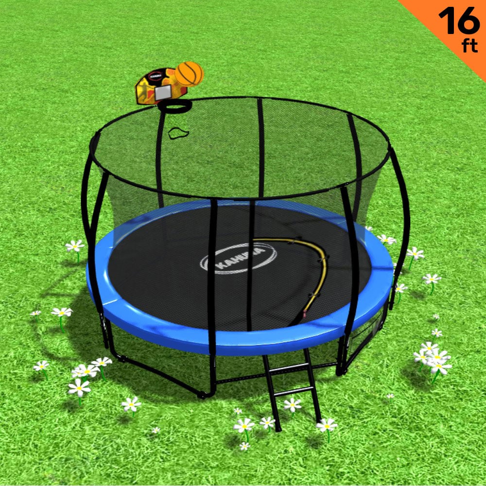 Kahuna Trampoline for Kids 16FT Outdoor Children with Safety Enclosure Pad Mat Ladder Basketball Hoop Set - Blue