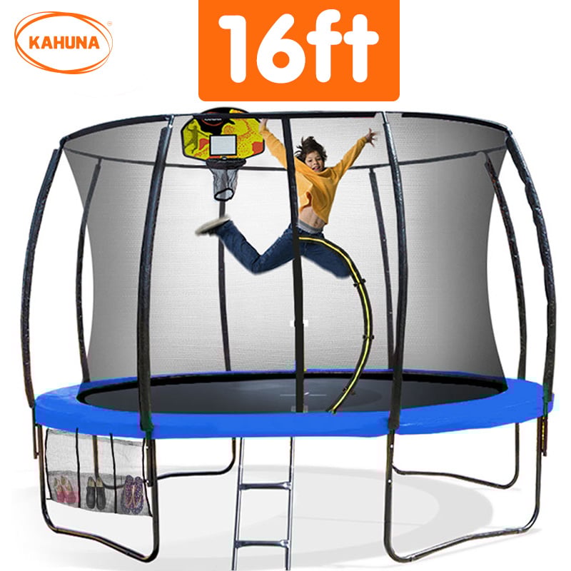 Kahuna Trampoline for Kids 16FT Outdoor Children with Safety Enclosure Pad Mat Ladder Basketball Hoop Set - Blue