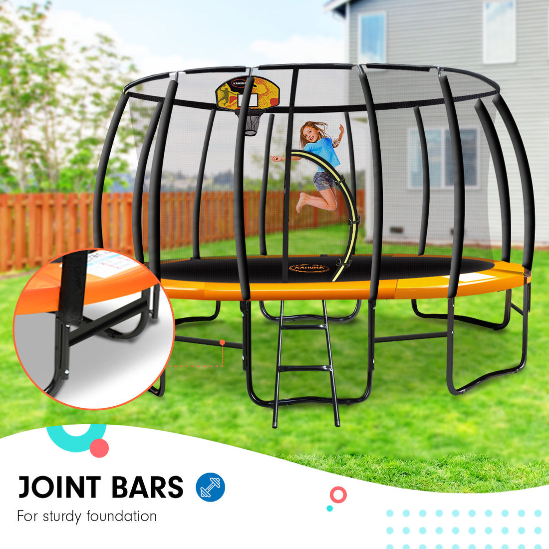 Kahuna Trampoline for Kids 16FT Outdoor Children with Safety Enclosure Pad Mat Ladder Basketball Hoop Set - Orange