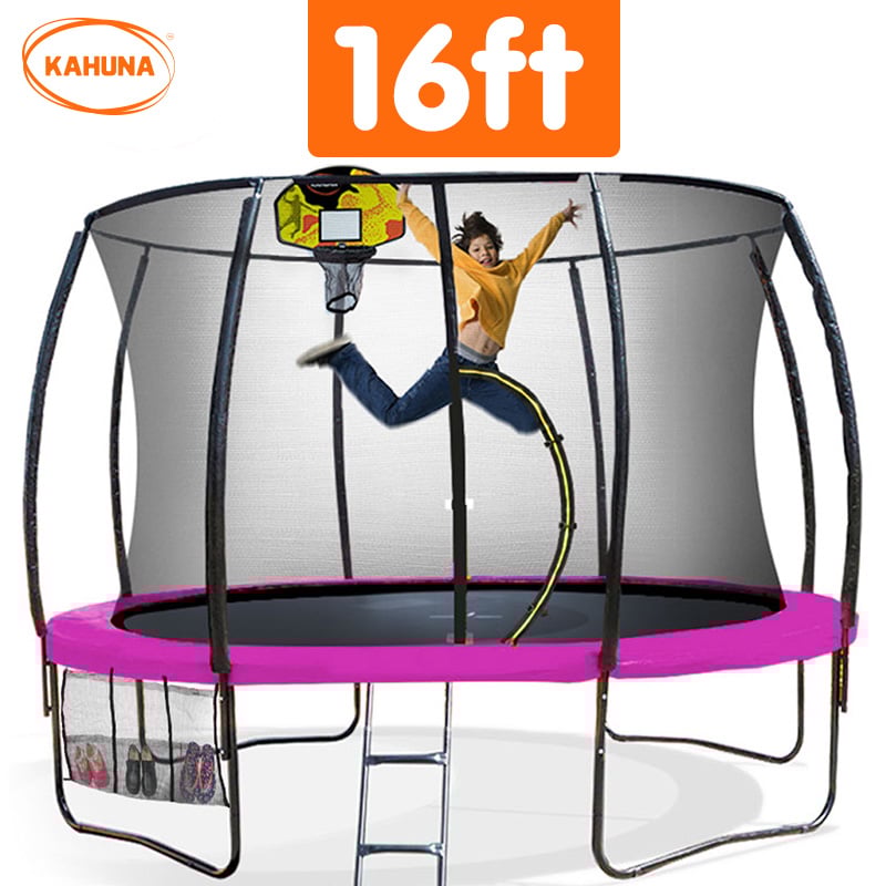Kahuna Trampoline for Kids 16FT Outdoor Children with Safety Enclosure Pad Mat Ladder Basketball Hoop Set - Pink