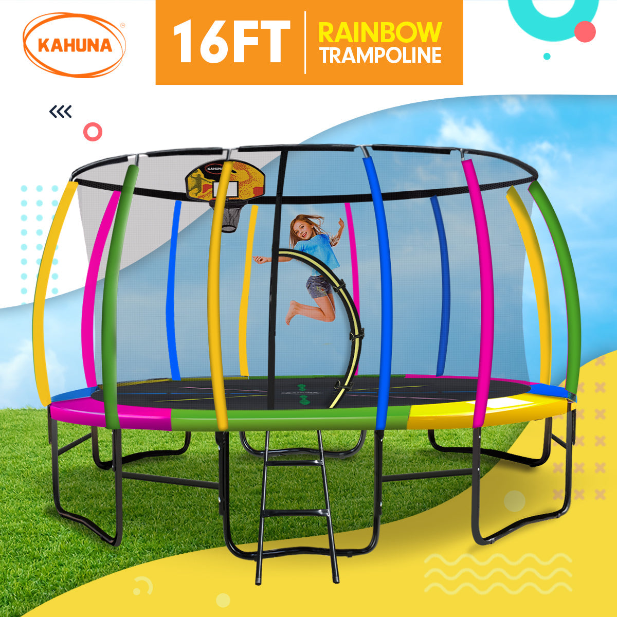 Kahuna Trampoline for Kids 16FT Outdoor Children with Safety Enclosure Pad Mat Ladder Basketball Hoop Set - Rainbow