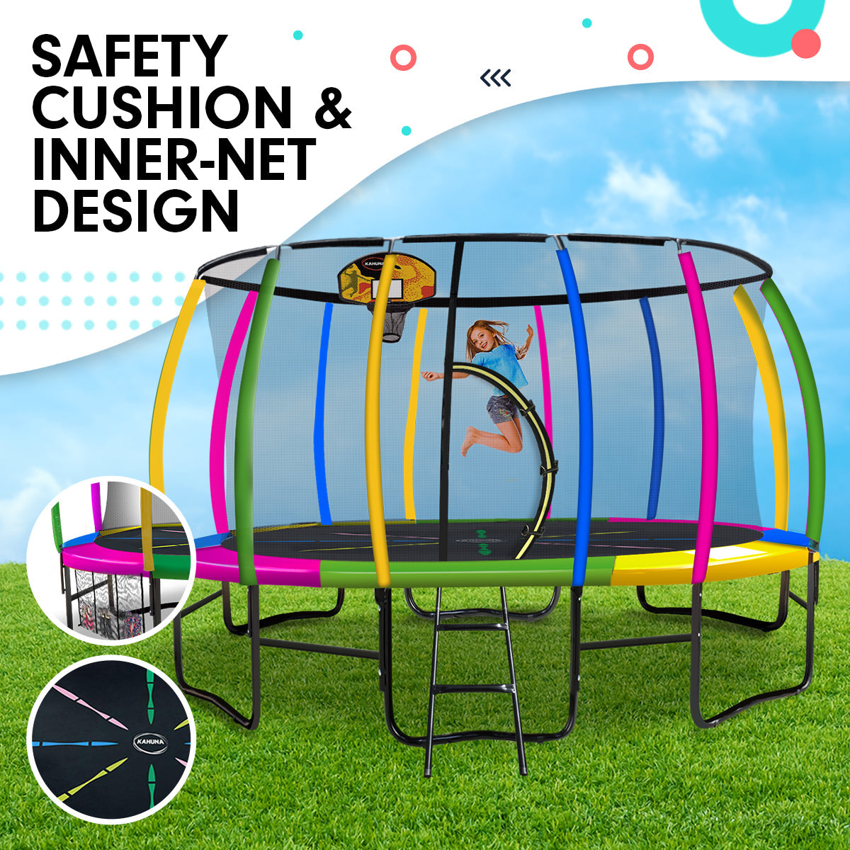 Kahuna Trampoline for Kids 16FT Outdoor Children with Safety Enclosure Pad Mat Ladder Basketball Hoop Set - Rainbow