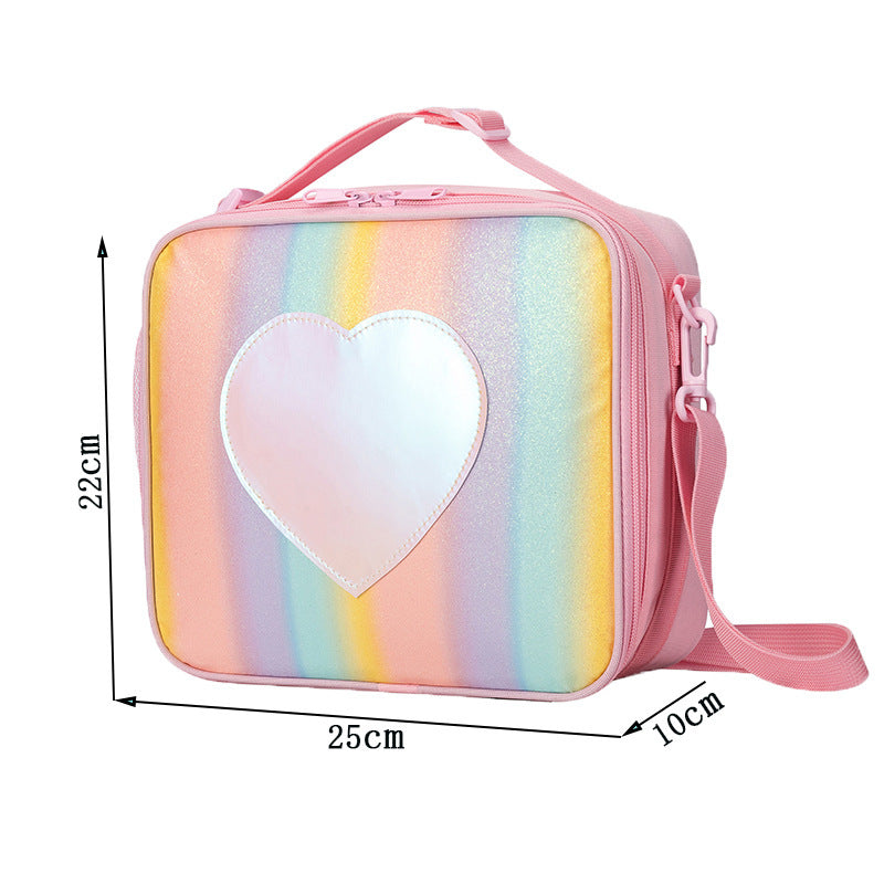 Orange Sparkling Rainbow Heart Insulated Lunch Bag for Kids - Portable School Lunch Box with Shoulder Strap