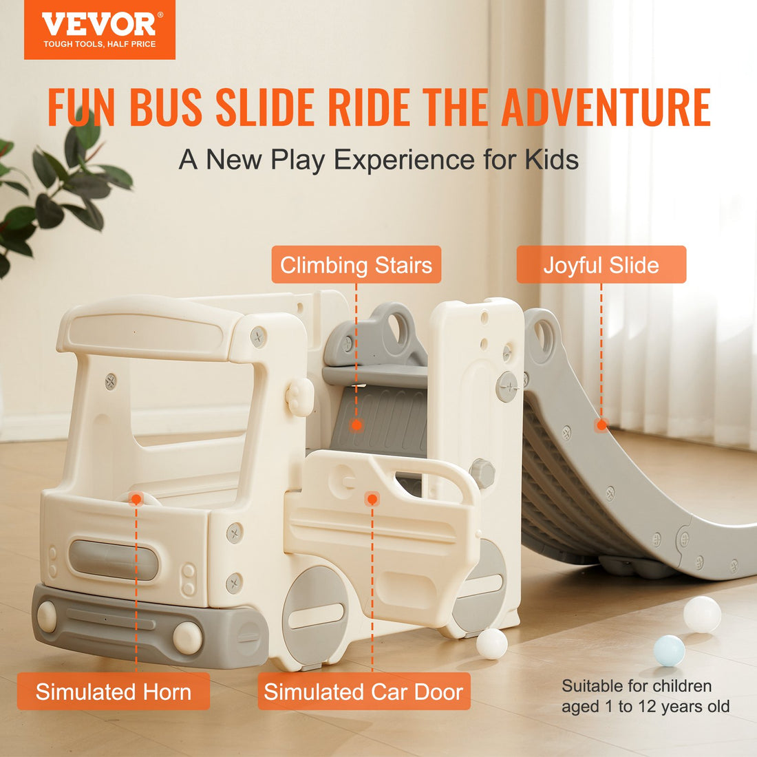 VEVOR Toddler Slide, Kid Slide for Toddlers Age 1-12 with Climbable Ladders & Bus Playhouse, Indoor Outdoor Slide Playset for Kids Within 50kg, Toddler Playground w/ Raised Handrail, Anti-Slip Strip